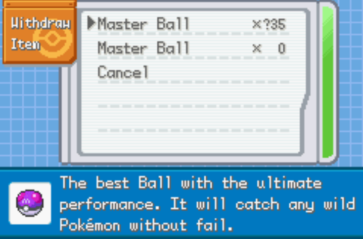 Unlimited master balls pokemon aquamarine cheat