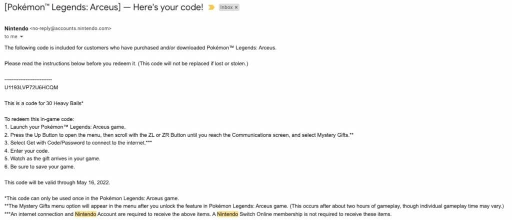Pokemon legends arceus gift code email