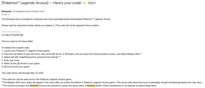Pokemon legends arceus gift code email