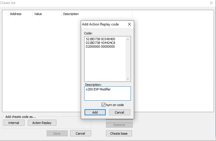 Pasting the x200 exp modifier cheat for pokemon games