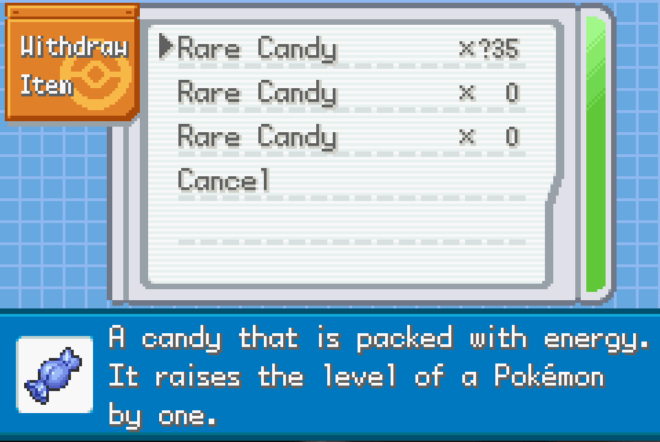 Pokemon big blue cheats rare candies